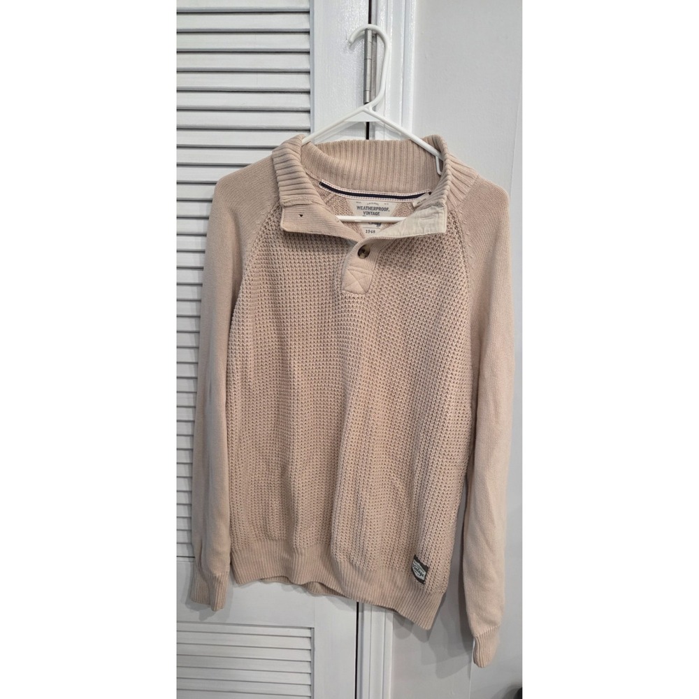 Weatherproof Vintage Mens Beige Waffle Knit Mock Neck Button Sweater Medium